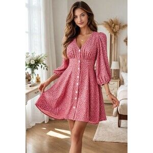 NWT PinkFloral Boho Puff Sleeve VNeck Button Front Romantic Aline Chic Dress XS
